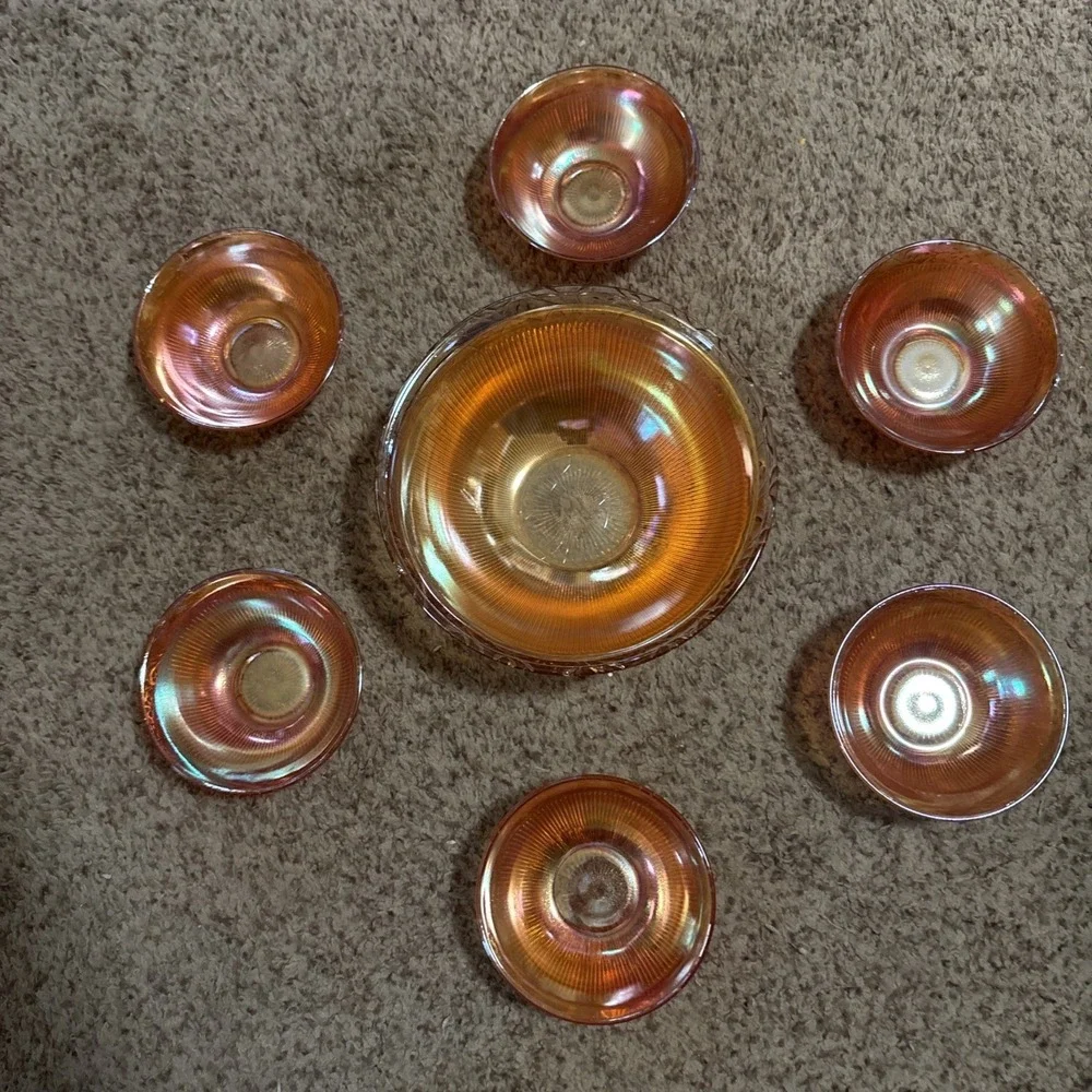 Vintage Carnival Glass Berry Bowl Set Prism & Daisy Ribbed Marigold 7 Piece Set